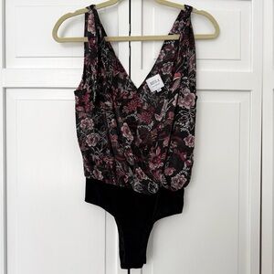 Misa Los Angeles Floral Pink and Black Bodysuit